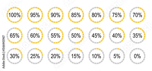 Percentage infographics elements. Set of round diagrams icons for infographics from 0 to 100 percent. Yellow, gray color fill pizza, pie charts indicator templates. Circle graph loading progress.