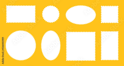 Set of postage stamp templates frames. Backdrops for postcards, letters. Blank vintage stamp. Circle, rectangle tags, labels, coupons, boxes, sticker, mail with curvy, wiggly, wavy perforated edges.