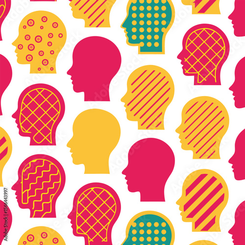 Colorful Head Pattern: A vibrant and modern seamless pattern featuring diverse head silhouettes filled with geometric designs in a variety of colors.