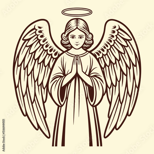 Celestial Prayer: A serene illustration of an angel with outstretched wings, halo, and clasped hands in a posture of devotion and peace. evoking a sense of faith and spirituality