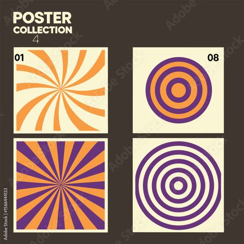 Abstract Poster Collection: A set of four striking abstract posters, each featuring a unique radial design with vibrant colors and geometric patterns.