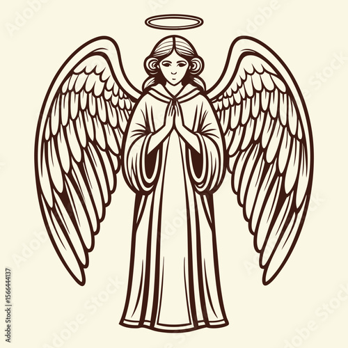 Angel Illustration: Serene angel in prayer, wings spread wide, halo glowing, captured in a simple yet elegant line art illustration.