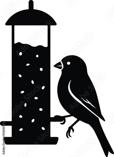 Silhouette bird at feeder black and white vector illustration