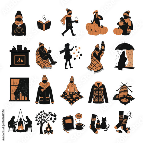 Cozy autumn and winter scenes with people enjoying warm drinks and seasonal activities