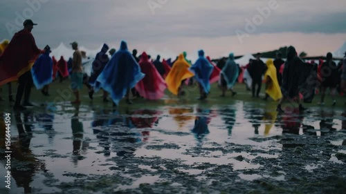 Rainy Day Music Festival with People in Colorful Ponchos – Wide Shot of Outdoor Crowd Walking Across Wet Field Under Cloudy Sky