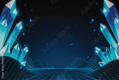 Futuristic digital landscape with glowing blue crystalline structures, wireframe terrain, cyberpunk sparkles, and bold cyan-white typography centered 