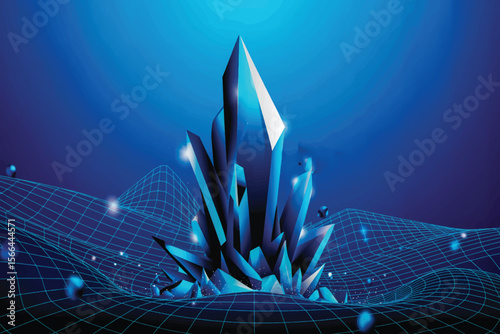 Futuristic digital landscape with glowing blue crystalline structures, wireframe terrain, cyberpunk sparkles, and bold cyan-white typography centered 