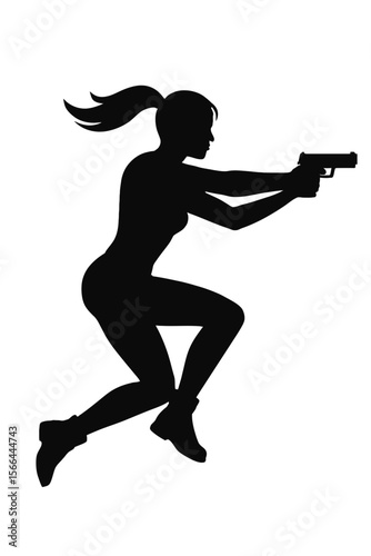 Silhouette of Woman Shooter in Tactical Shooting Action Vector Illustration