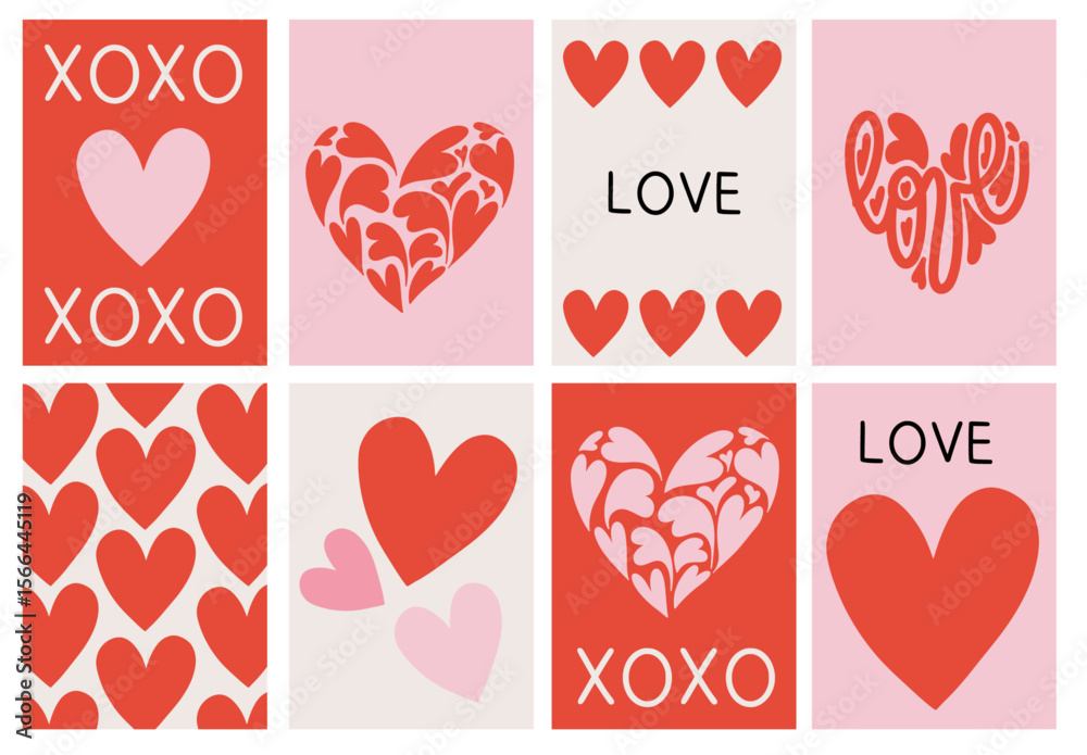 Minimalist Valentine Heart Postcard Collection. Love Poster Background with Hearts