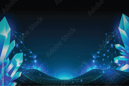 Futuristic digital landscape with glowing blue crystalline structures, wireframe terrain, cyberpunk sparkles, and bold cyan-white typography centered 