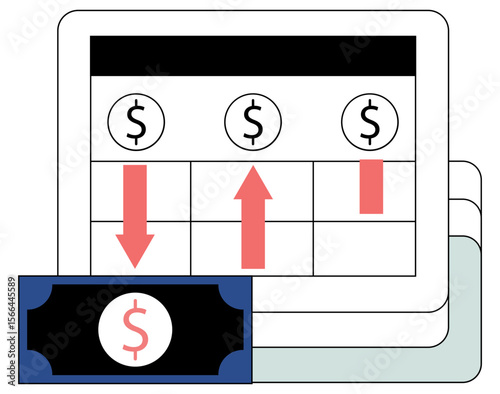 Vector Flow Chart Illustrating Monthly Inflow and Outflow of Money With Minimal Dollar Arrows in a Clean Flat Style Emphasizing Financial Movement and Budget Tracking.