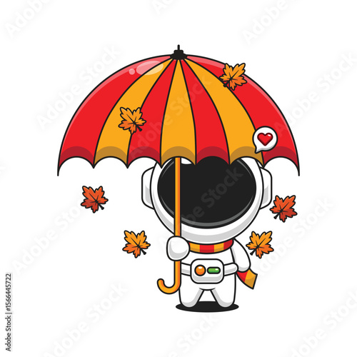 Cute astronaut with umbrella in autumn cartoon vector illustration