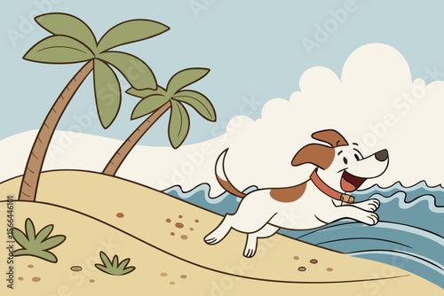 Cartoon dog running on sandy beach with palm trees