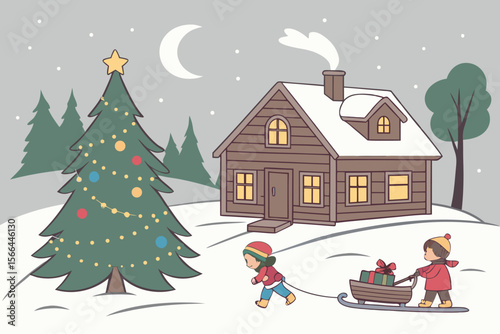 Children pulling sled with gifts past decorated Christmas tree and snowy cabin