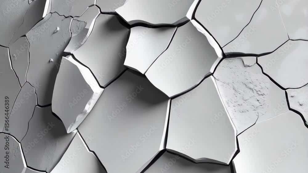 Abstract surface showing large white broken pieces with irregular shapes and dark lines outlining them, creating unique geometric shapes.