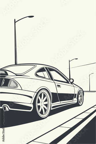 Dark coupe car on a street with streetlights automobile