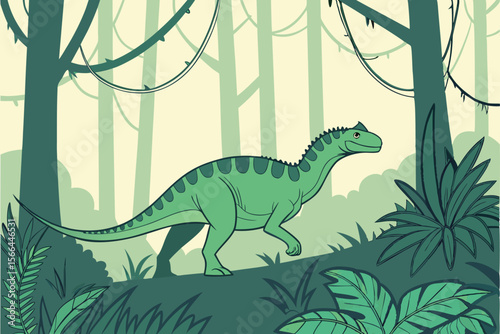 Green dinosaur walking in a lush jungle prehistoric