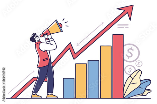 Man with megaphone looking at upward trending business graph