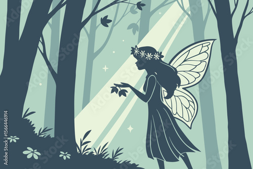 Silhouette fairy with flower crown in moonlit forest