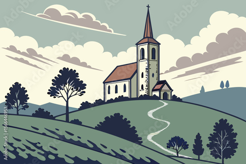 Stylized church on a grassy hill with winding path