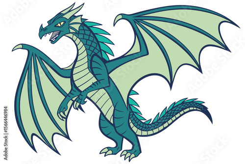 Teal and Green Dragon with Wings Spread mythical creature