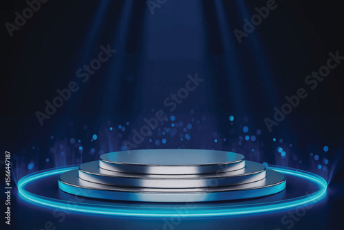 Luxurious 3D podium with silver platforms, glowing blue energy rings, starry deep blue background, gold text, magical lighting 