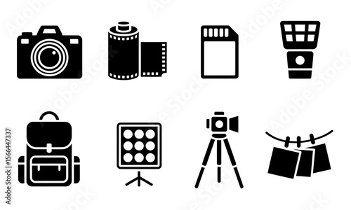 Photography Equipment Icons Set. Camera, Film, SD Card, Light, Tripod, and Accessories