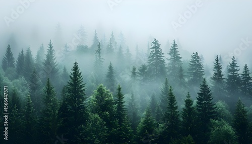 Misty mountain landscape with mysterious fir forest