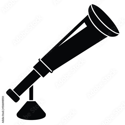 Isolated black telescope icon features a classic design and stable stand against transparent background