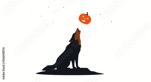 Minimalist vector of a howling wolf facing a glowing Halloween pumpkin in the night sky