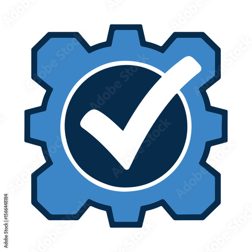 Blue gear with checkmark symbol representing successful operations approval or completion of tasks within a system