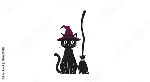 Minimalist flat vector of a cat dressed as a witch