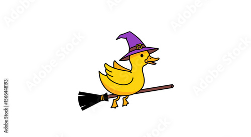 Flat minimal vector of a cartoon duck wearing a witch hat and flying on a broomstick
