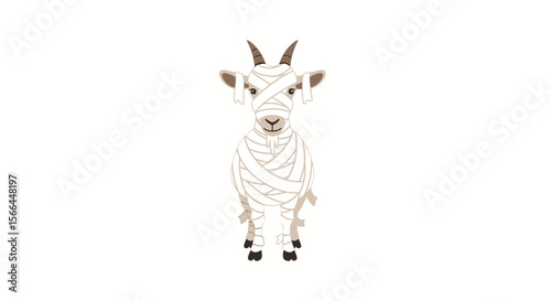 Simple flat vector of a funny cartoon goat wrapped in white mummy bandages