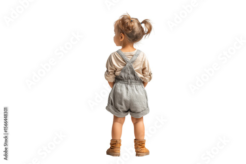 PNG Caucasian female toddler in overalls and boots facing away