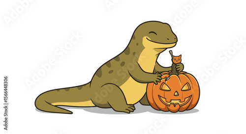 Minimalist vector of a cute monitor lizard eating jack-o'-lantern  solated on white