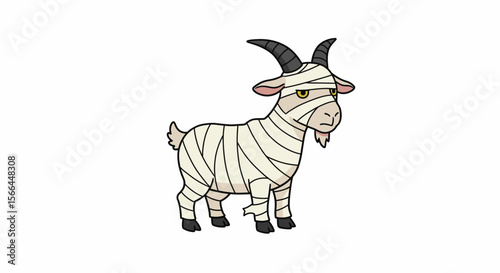 Minimalist flat vector of a cartoon goat dressed as a mummy with bandages all over, standing still