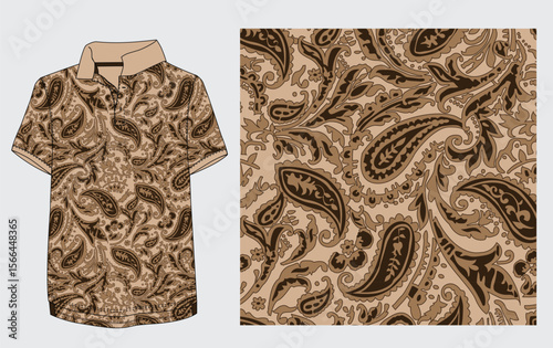 An elegant seamless paisley pattern in brown tones with ornamental floral detailing, perfect for men’s polo shirts, textiles, wallpapers, and surface design. This vintage-inspired repeat pattern 
