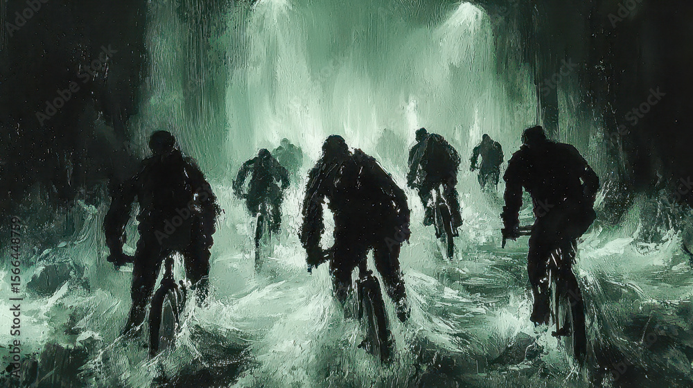 Obraz premium Cyclists Journey Through Dark And Mysterious Tunnel