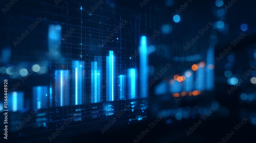 Naklejka premium Digital-style bar chart with bright blue vertical bars, numerical values, and data text in a dark, futuristic urban setting with bokeh orange and blue lights.