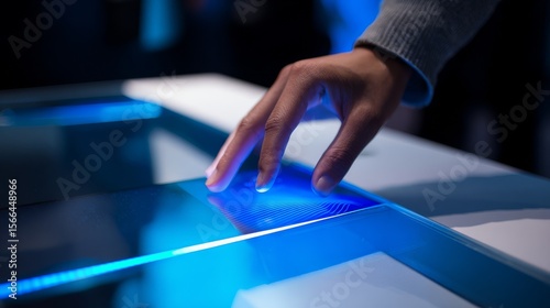 Close-up of a hand in a long-sleeved garment gently touching a sleek, illuminated touchscreen emitting vibrant blue light on a modern minimalist device.