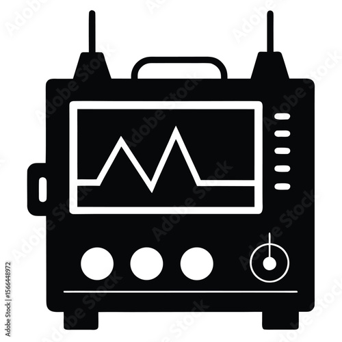 Black medical defibrillator displays heartbeat line with button controls isolated on transparent background