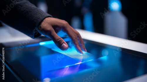 Close-up of a hand in a dark sleeve interacting with a glowing blue touchscreen, swiping across sleek modern design in a high-tech digital environment.
