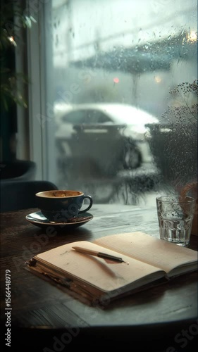 Rainy day cafe scene A dark blue coffee cup sits on a wooden table next to an open notebook and pen. A rain streaked window shows a blurred street scene.