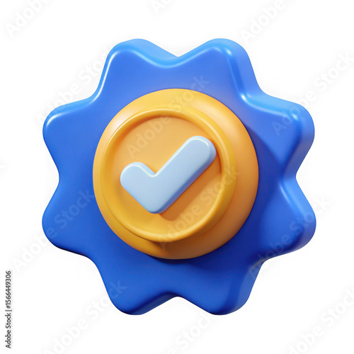 3d blue and yellow checkmark badge isolated on white background