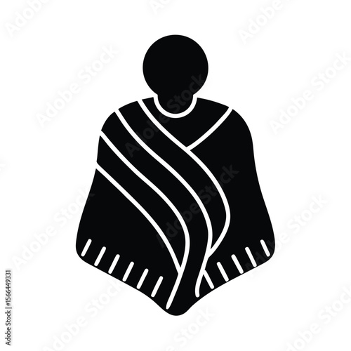 Person wearing a poncho with stripes and fringe black silhouette