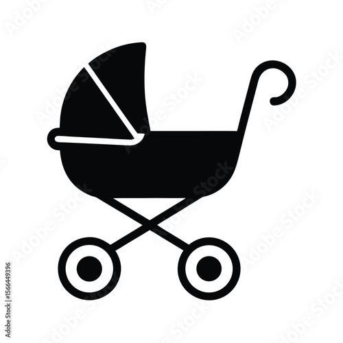 Black and White Baby Stroller Icon with Hood and Wheels