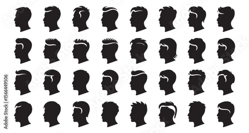 Diverse Collection of Men's Hairstyle Silhouettes Showcasing Various Modern and Classic Haircuts for Men's Fashion and Design