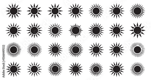 Diverse Sun Icon Set Featuring Radiant Flare and Geometric Shapes, Perfect for Graphic Design and Weather Illustrations