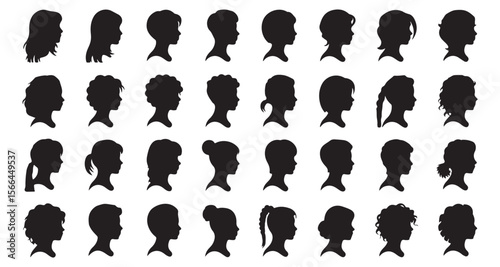Diverse Silhouettes of Women and Girls Head Profiles A Collection of Hair Styles and Facial Features Black and White Portraiture
